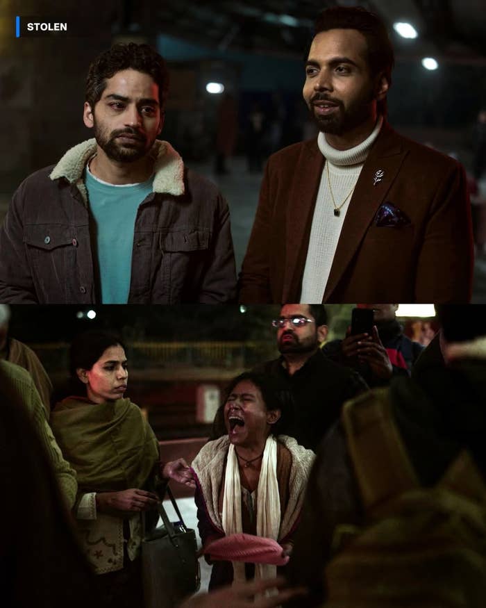 Two men with serious expressions stand in a dim space. Below, a woman appears upset in a crowded area