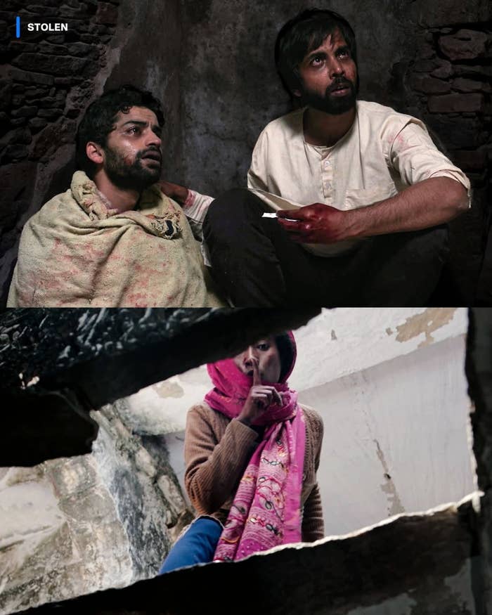 Three people appear distressed in a dim room. One holds a flashlight. Another crouches, peering through a hole in the ceiling, gesturing for silence