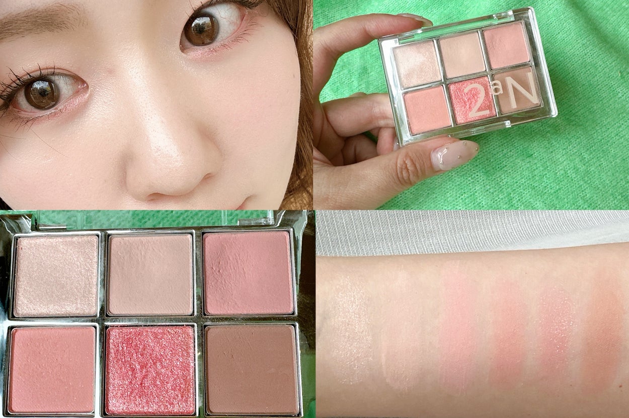 女性がアイシャドウパレットを試している様子。上まぶたにナチュラルなシャドウを使用し、色見本が腕に示されています。