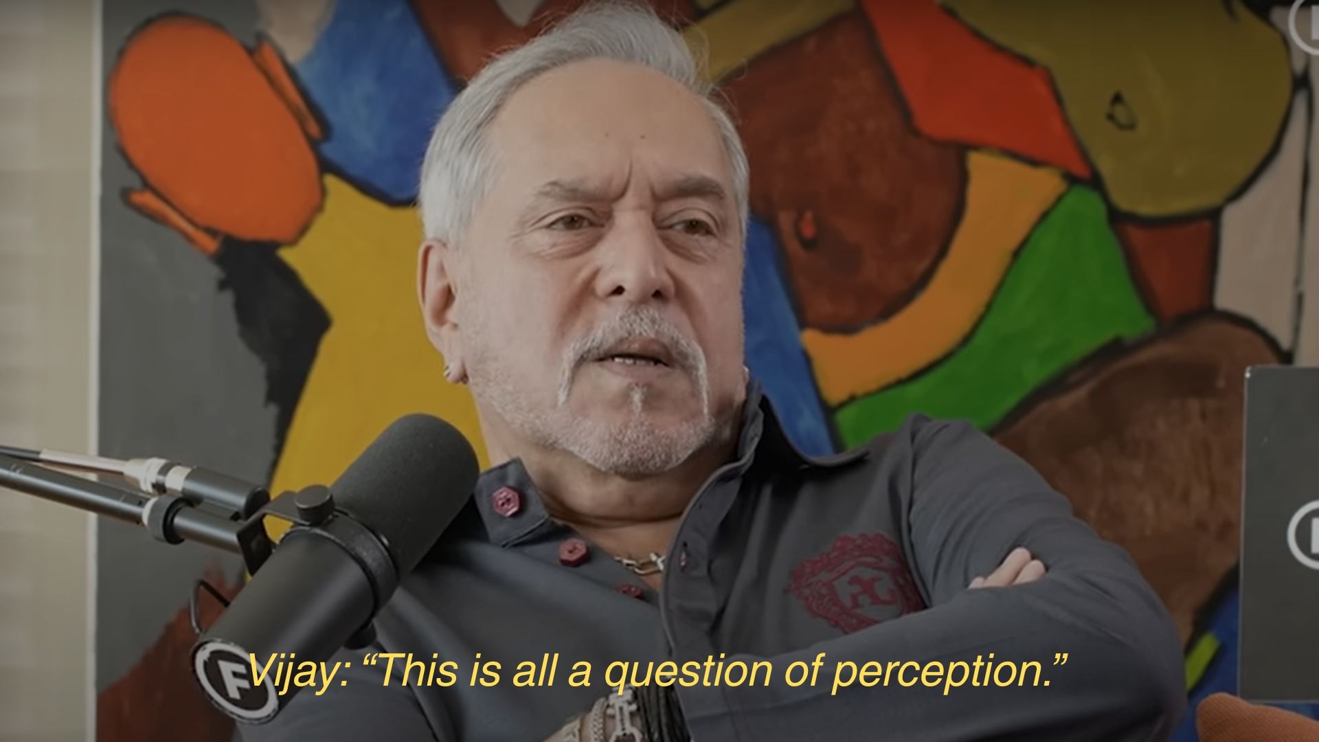An older man speaks into a microphone in a studio, with colorful abstract art in the background. Subtitles read: "This is all a question of perception."