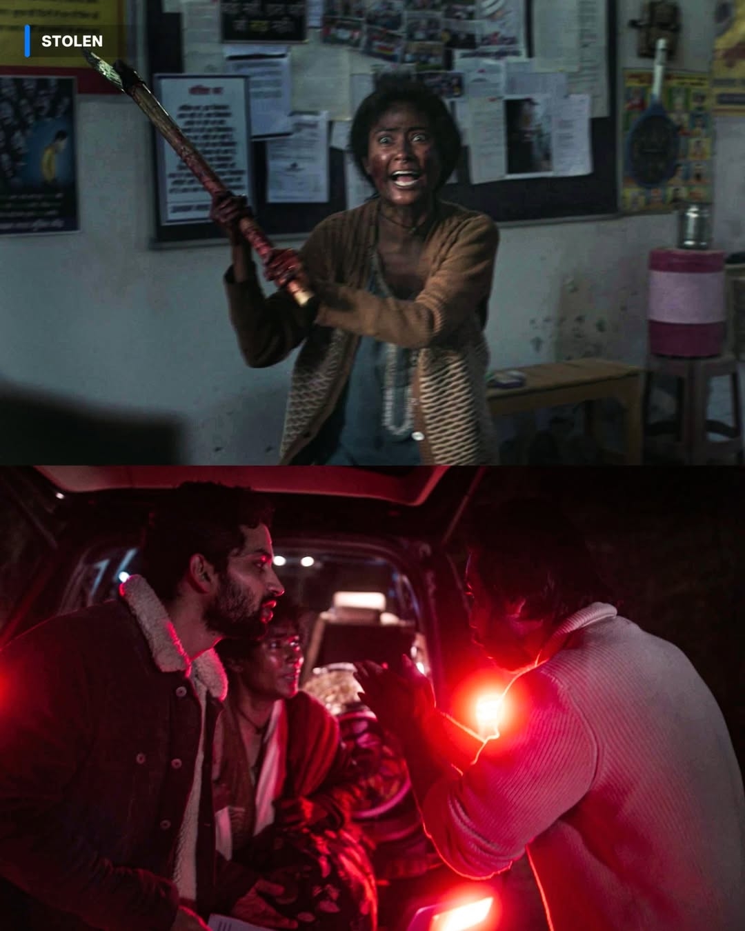 Top image: Person holding a bat in a room with posters on the wall, looking intense. Bottom image: Two people in a car trunk with red light, engaging emotionally