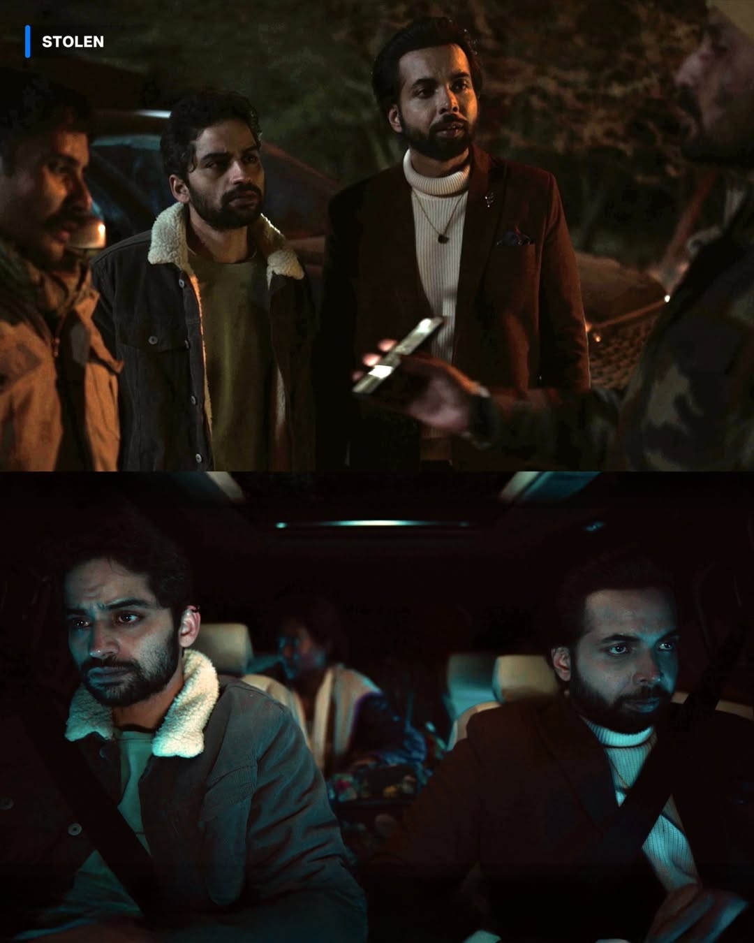 Two scenes from a film or series: Men talk outdoors at night in the first; same men sit in a car in the second, both dressed in casual jackets