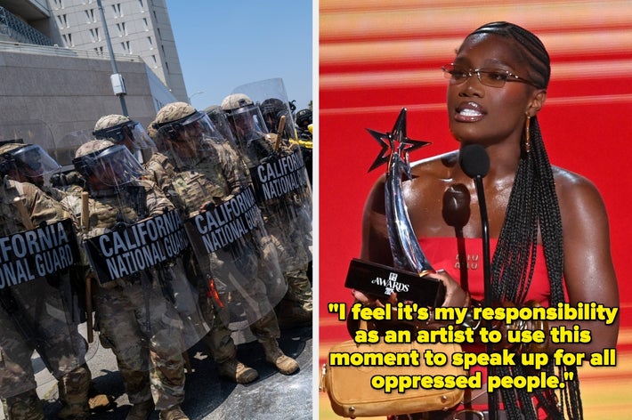 Left: California National Guard in riot gear. Right: Person speaking at an awards show, holding a trophy, with a quote about responsibility and oppression