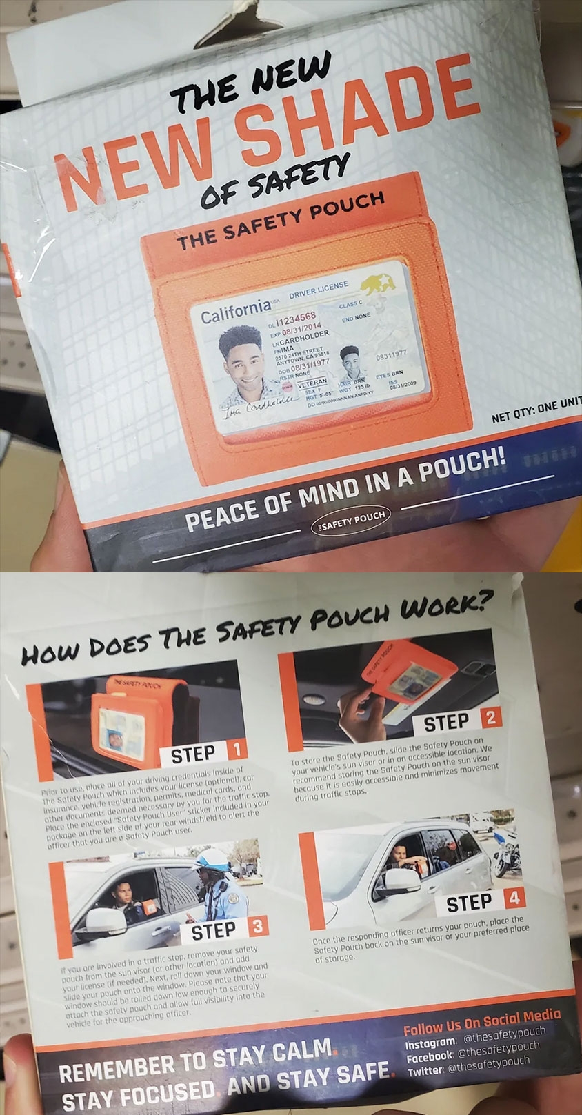 Box for &quot;The Safety Pouch,&quot; a bright orange pouch for driver documents, so that police will not feel threatened during a traffic stop