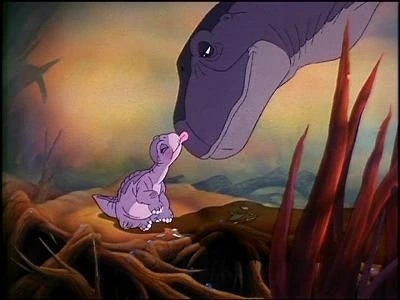 A baby dinosaur affectionately nuzzles its parent in a prehistoric landscape