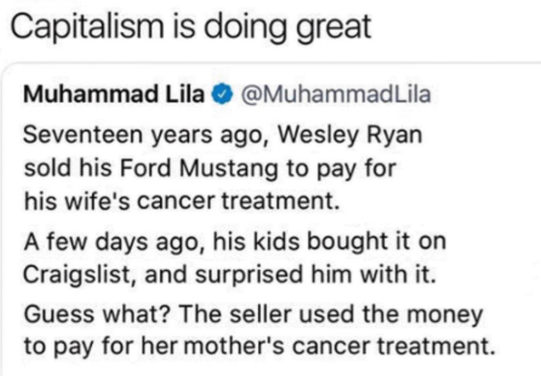 Text post about a man selling a car to pay for his wife&#x27;s cancer treatment and his kids buying it back for him 17 years later; the person they bought it back from used the money for their mother&#x27;s cancer treatment
