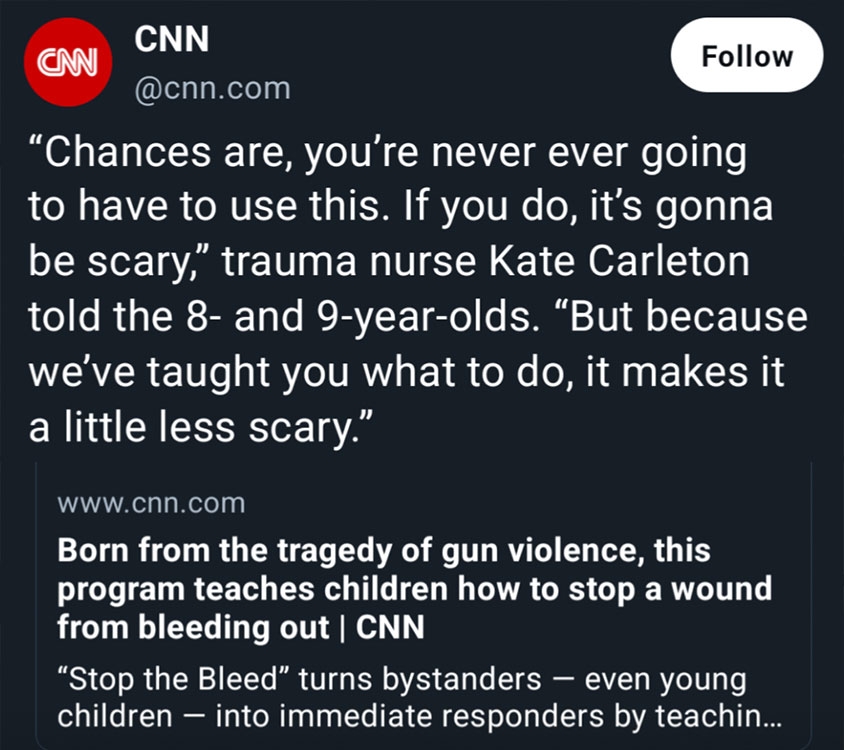 tweet about article on a program that teaches kids how to stop a wound from bleeding out