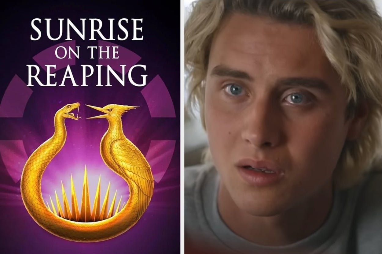 Book cover with entwined snake and bird with title "Sunrise on the Reaping" on the left; Joseph Zada in "We Were Liars" with tears in his eyes on the right