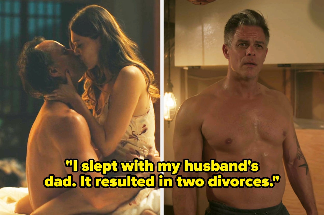 Split image: Left shows two people kissing on a couch. Right features a woman speaking with a headline: "I slept with my husband's dad. It resulted in two divorces."
