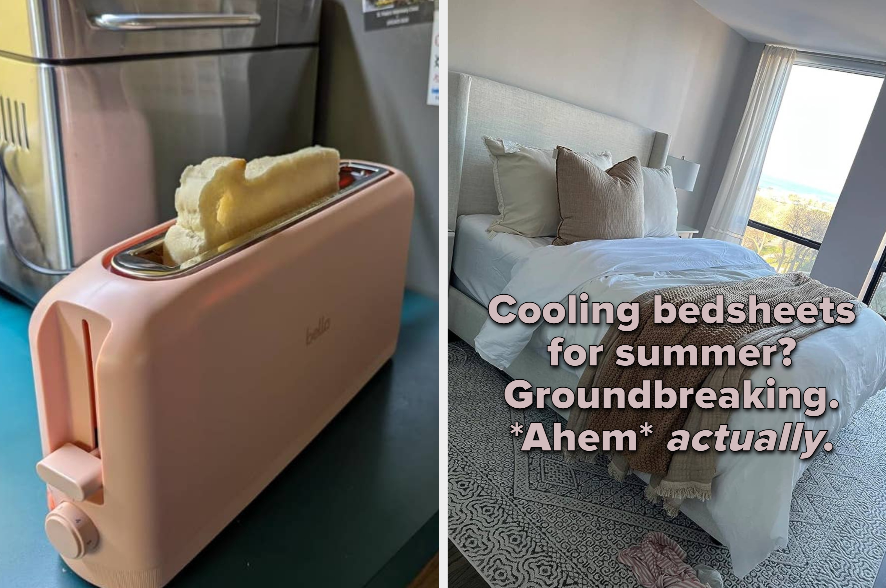 Left: Stylish toaster with bread. Right: Cozy bedroom with neatly made bed and layered cushions