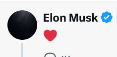 Profile photo shows a stylized black circle. Name "Elon Musk" is verified with a blue checkmark. Red heart icon below