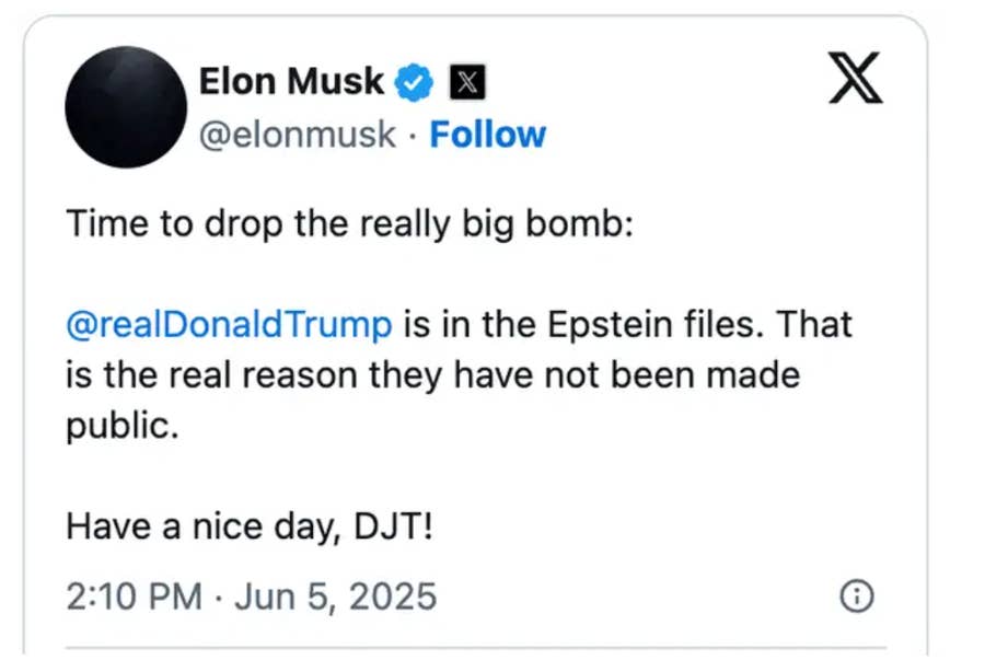 Fake tweet attributing a statement to Elon Musk, claiming Trump is in the Epstein files