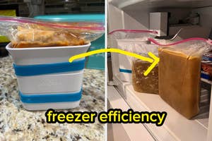 A reusable plastic container helps stack freezer bags upright, maximizing freezer space and organization