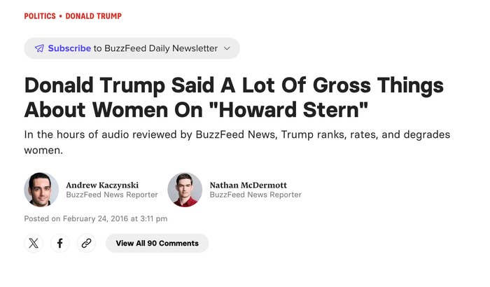 BuzzFeed article titled "Donald Trump Said A Lot Of Gross Things About Women On 'Howard Stern,'" reviewing audio of Trump degrading women