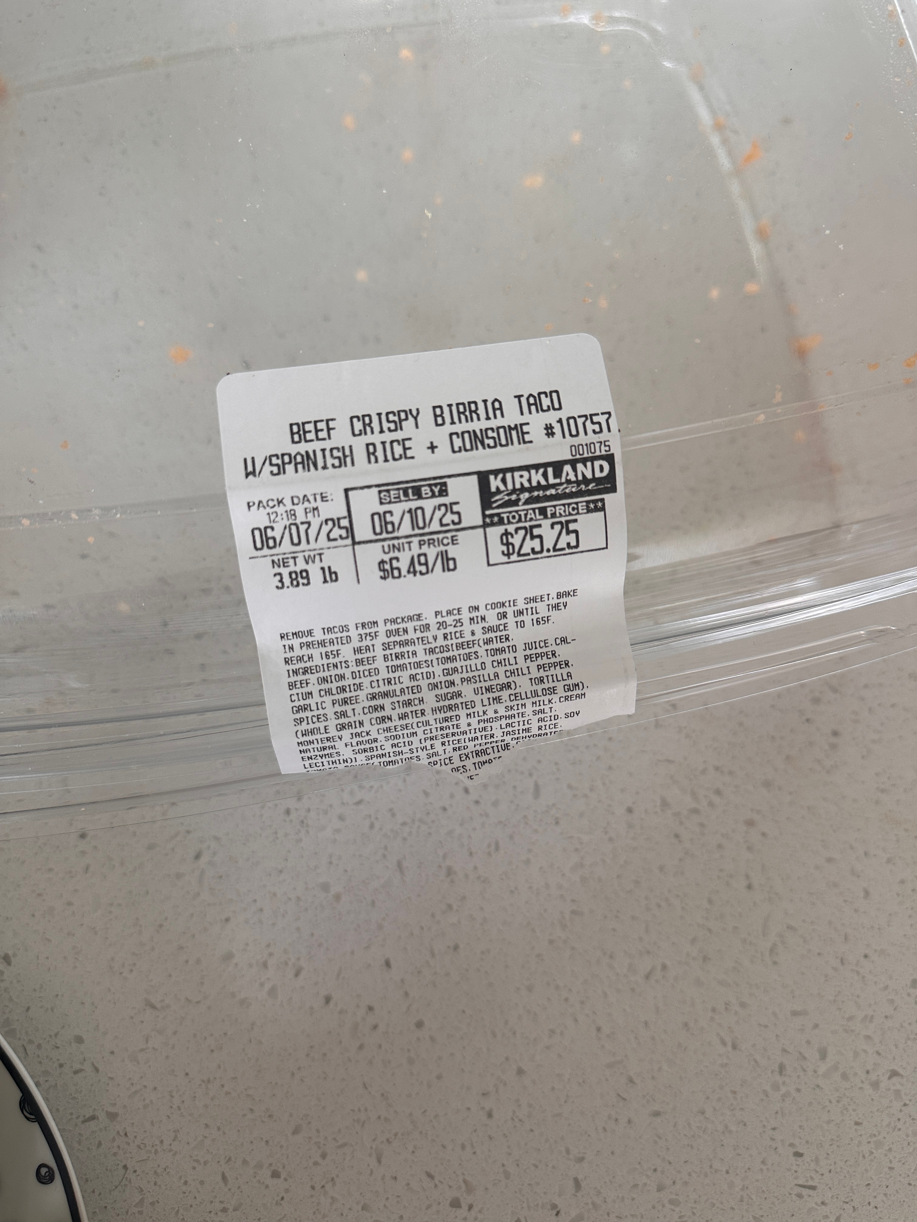 Food label showing details for beef crispy birria taco with Spanish rice and consome, priced at $25.25, with a packed date of 06/07/23