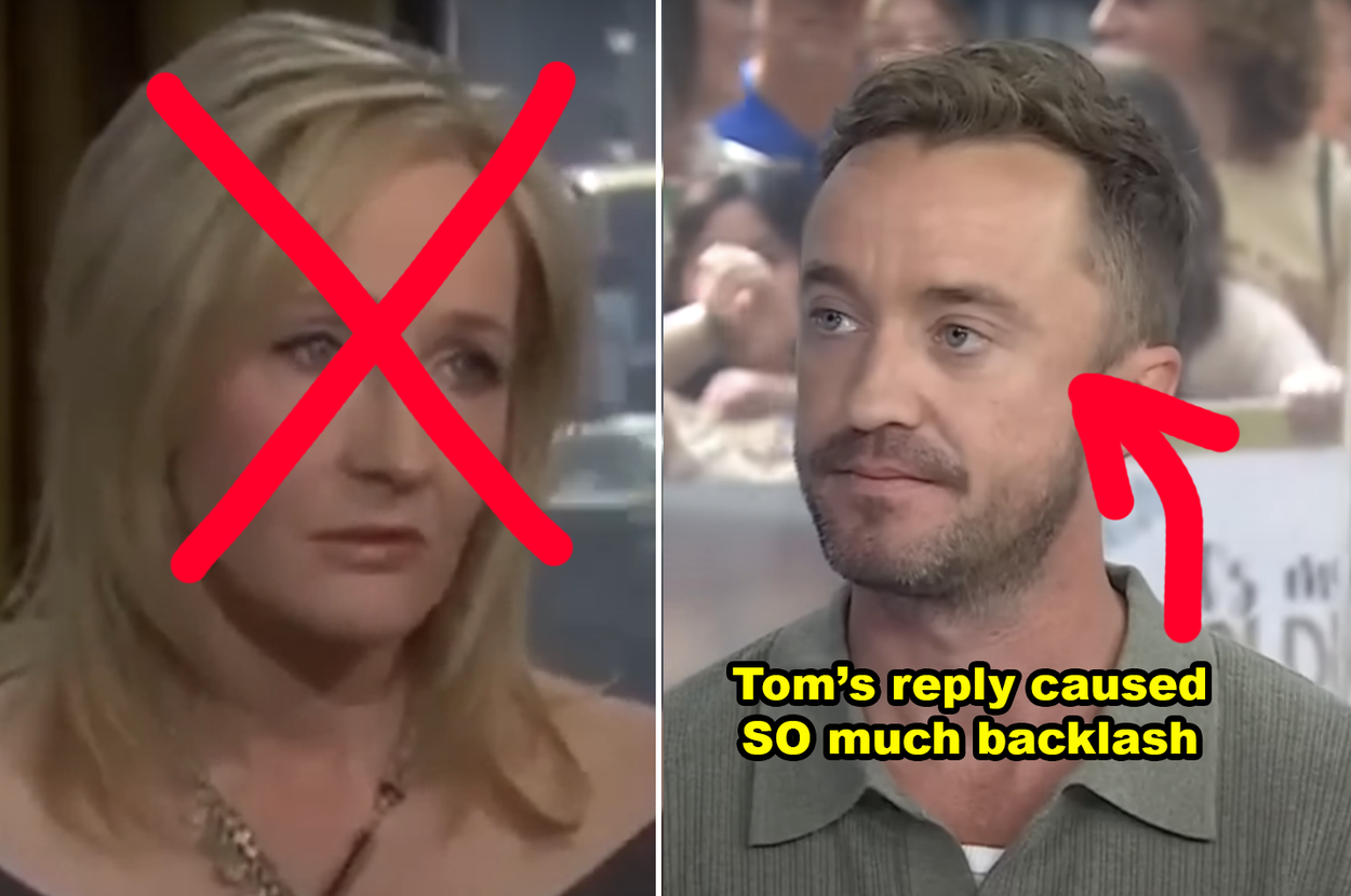 Side-by-sides of J.K. Rowling in an old interview with a giant red X drawn over her face, and Tom Felton in a recent interview on The Today Show, wearing a green shirt