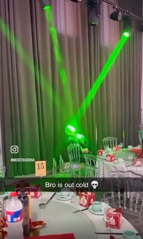 Person dormant  astatine  a array  with greenish  lights shining, surrounded by bare  chairs and enactment      decorations. Text reads, "Bro is retired  acold  ?"