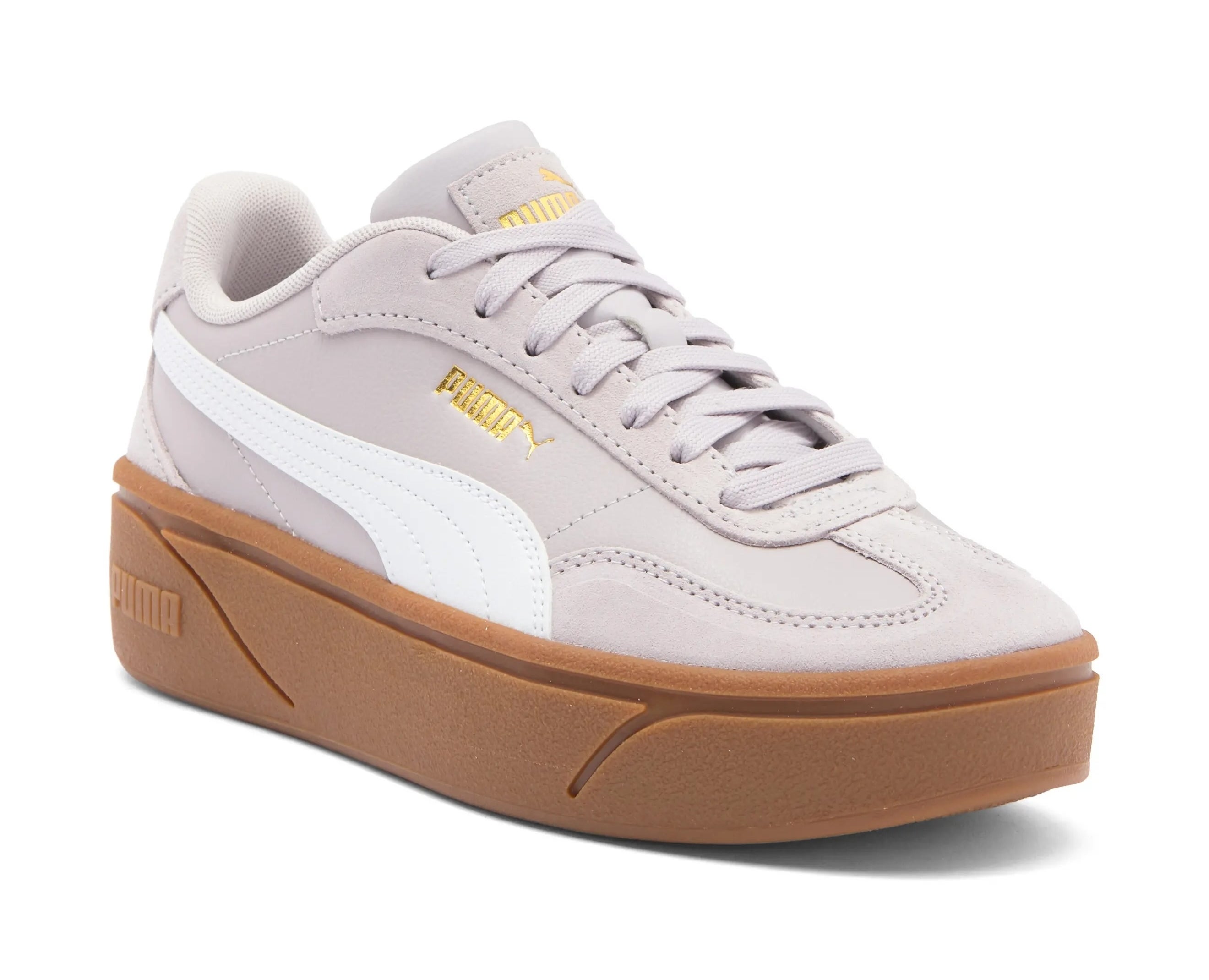 Casual sneaker with a thick platform sole, branded logo, and a sleek design