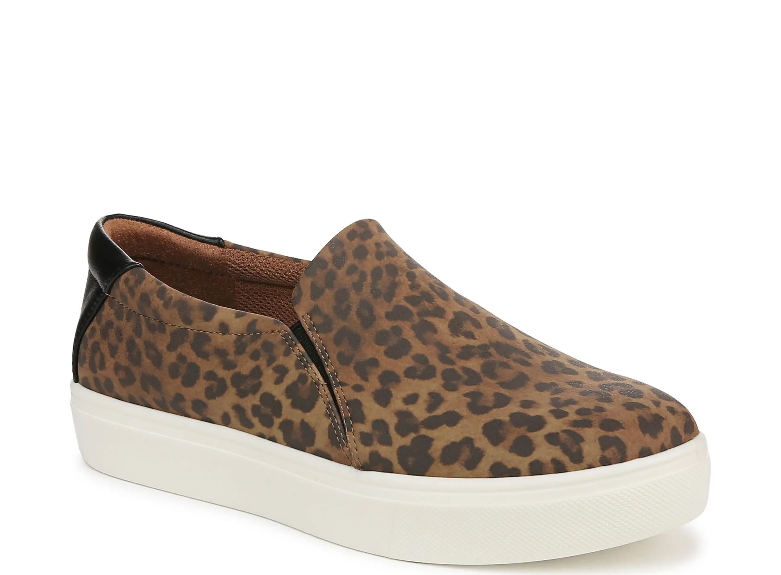 Slip-on sneaker with leopard-print fabric and white sole, featuring a black heel accent. Ideal for casual styles