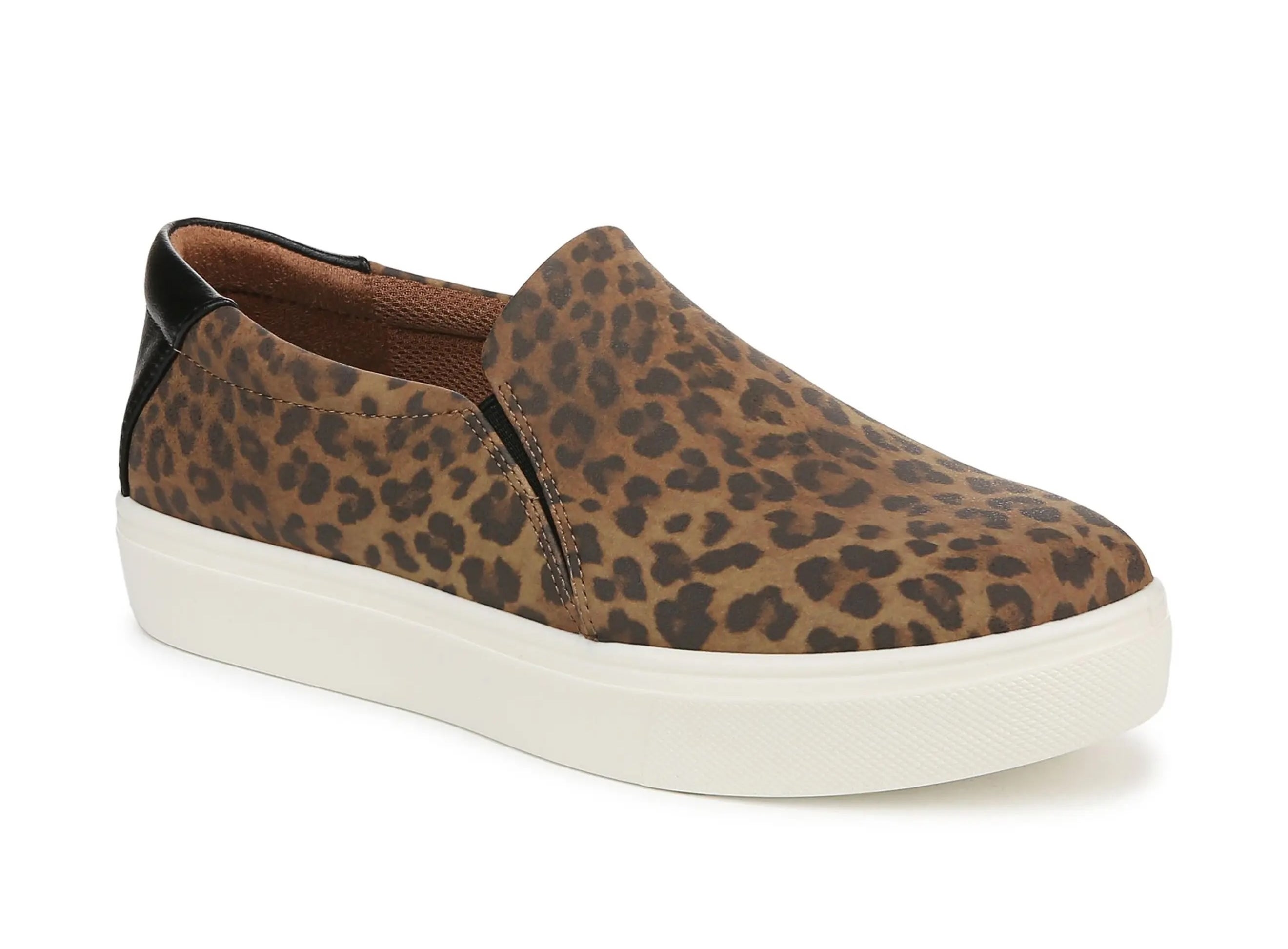 Slip-on sneaker with leopard-print fabric and white sole, featuring a black heel accent. Ideal for casual styles