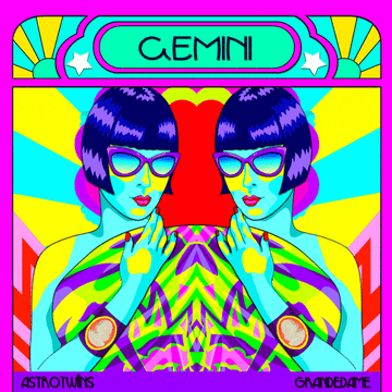Illustration of two stylish women with bob hairstyles and sunglasses, showcasing a vibrant design with &quot;Gemini&quot; text and colorful patterns