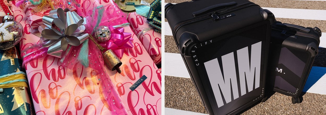 Left side: Close-up of wrapped presents with festive decorations. Right side: Large glass jar filled with iced coffee, a gray lid with a spout, beans nearby