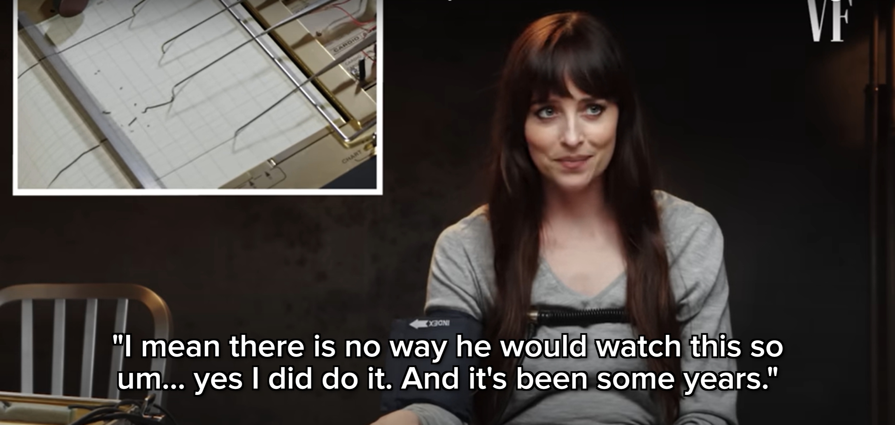 Person sitting with a polygraph machine, wearing casual attire, engages in a lie detector interview. Inset shows polygraph results