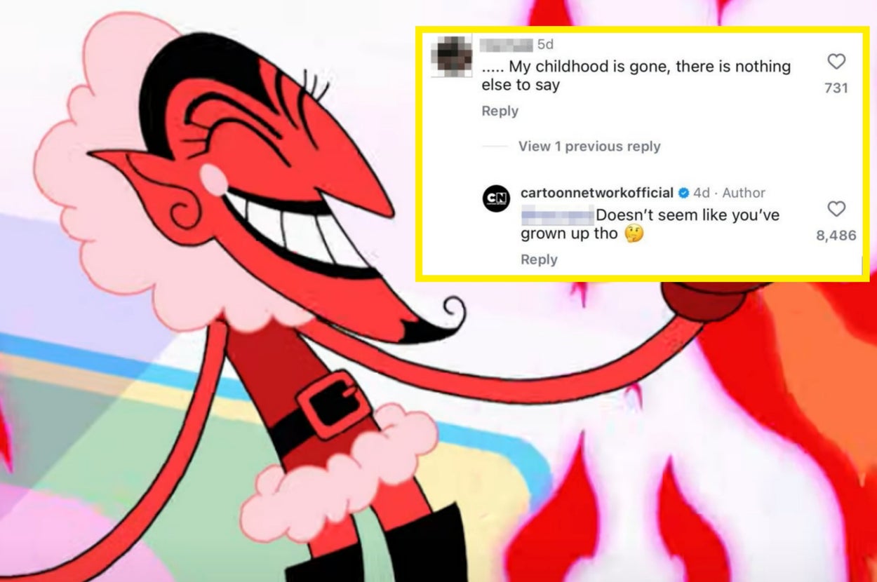Animated character with devilish features and claw hands smiling mischievously amidst flames