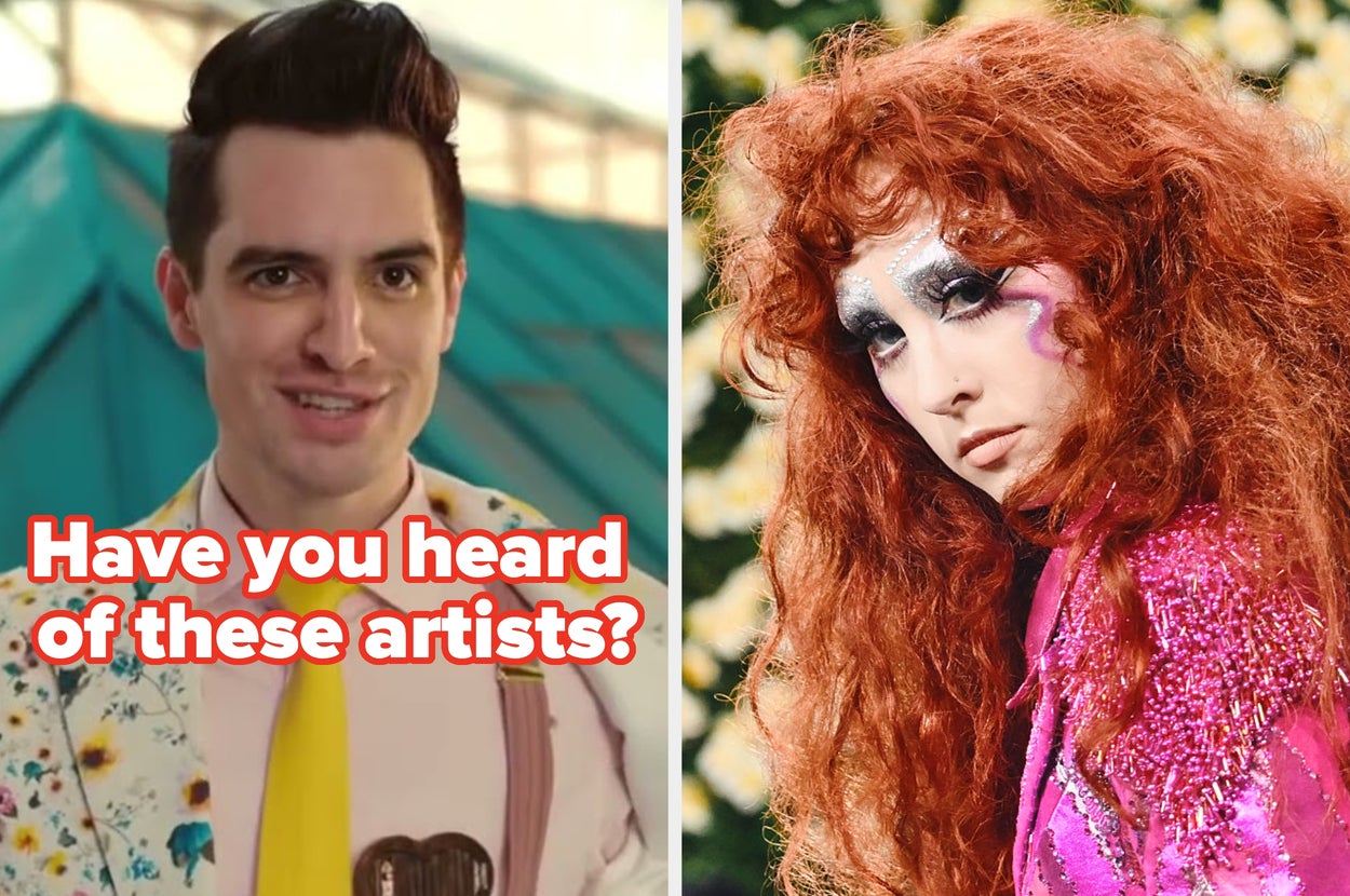 Two artists are shown. Left: person with styled hair in a patterned suit and tie. Right: person with voluminous hair, wearing a sequined outfit. Text asks about knowing these artists