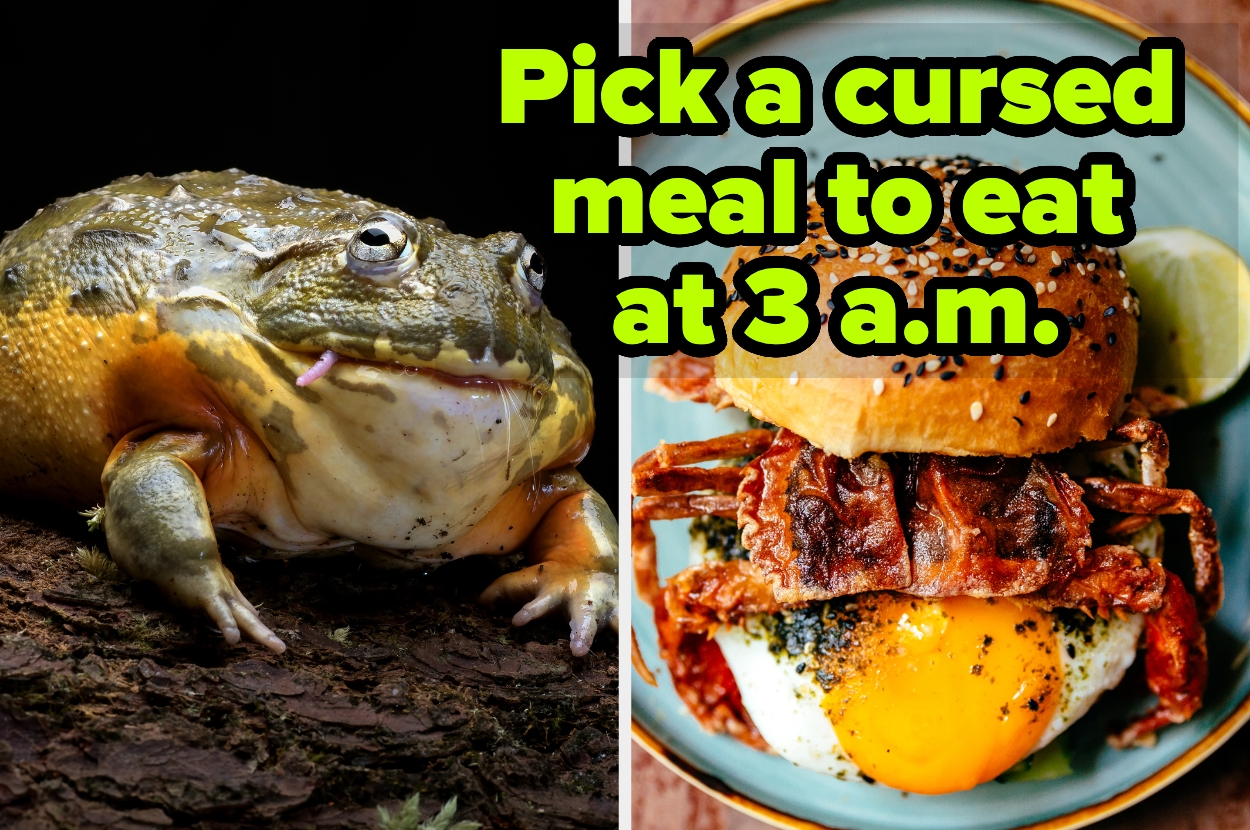 Split image: left shows a large frog; right shows a burger with a whole fried soft-shell crab and an egg. Text reads: "Pick a cursed meal to eat at 3 a.m."