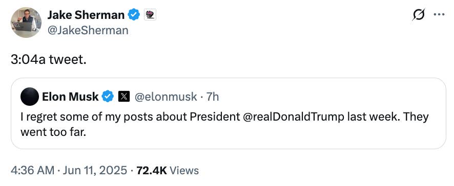 Tweet by Jake Sherman with a retweet from Elon Musk expressing regret over past posts about Donald Trump