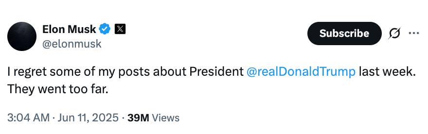 Elon Musk tweet expressing regret for recent posts about President Trump, stating they went too far