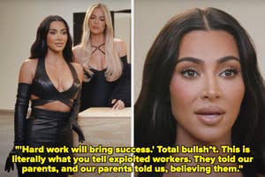 Split image: Left shows two women, one in a cut-out dress, the other in a black outfit. Right shows close-up of first woman. Caption criticizes work myths