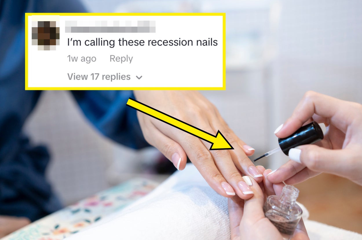 Close-up of a person getting a manicure; a comment reads, "I'm calling these recession nails."