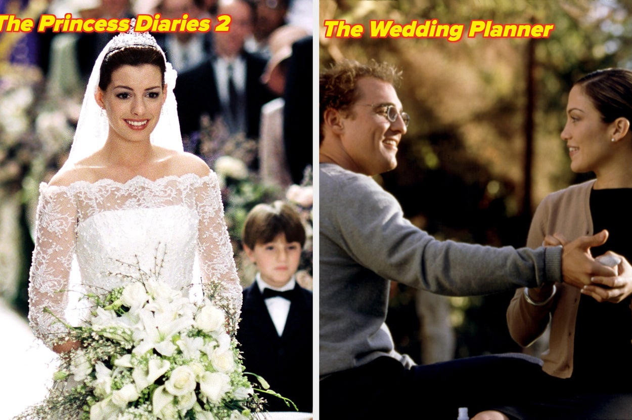 Split image: Left side shows a bride holding flowers. Right side shows a couple seated outdoors, talking closely