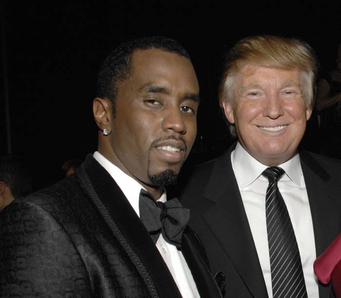 Diddy and Trump people pose together at an event. The left person wears a black tuxedo, the middle person is in a suit, and the right person wears a stylish gown