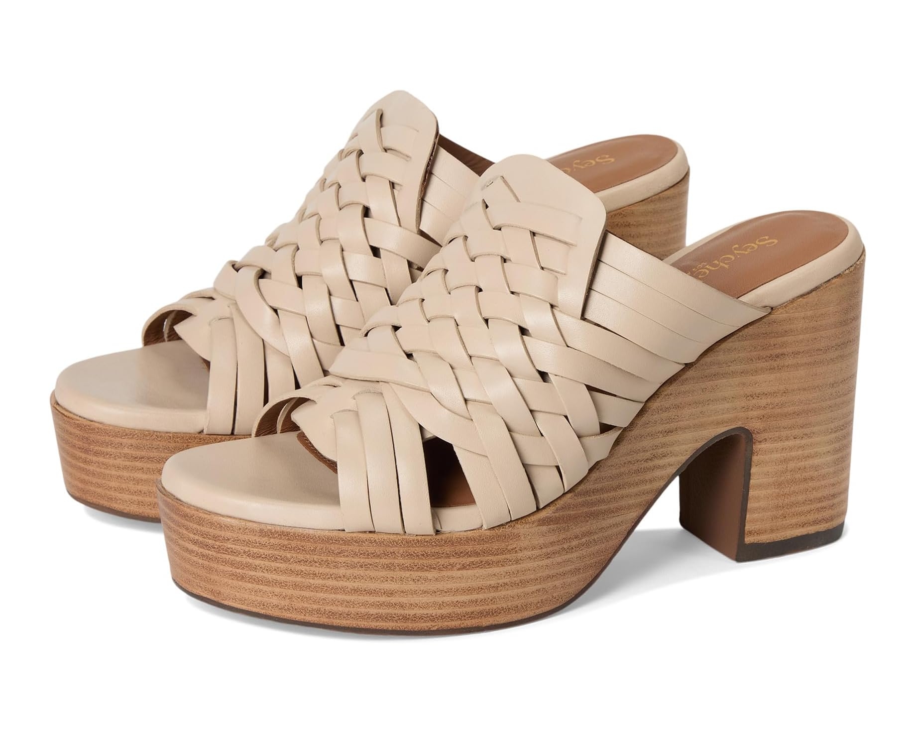 Woven platform sandals with chunky wooden heels, featuring an open-toe design. Ideal for fashion-forward shopping choices