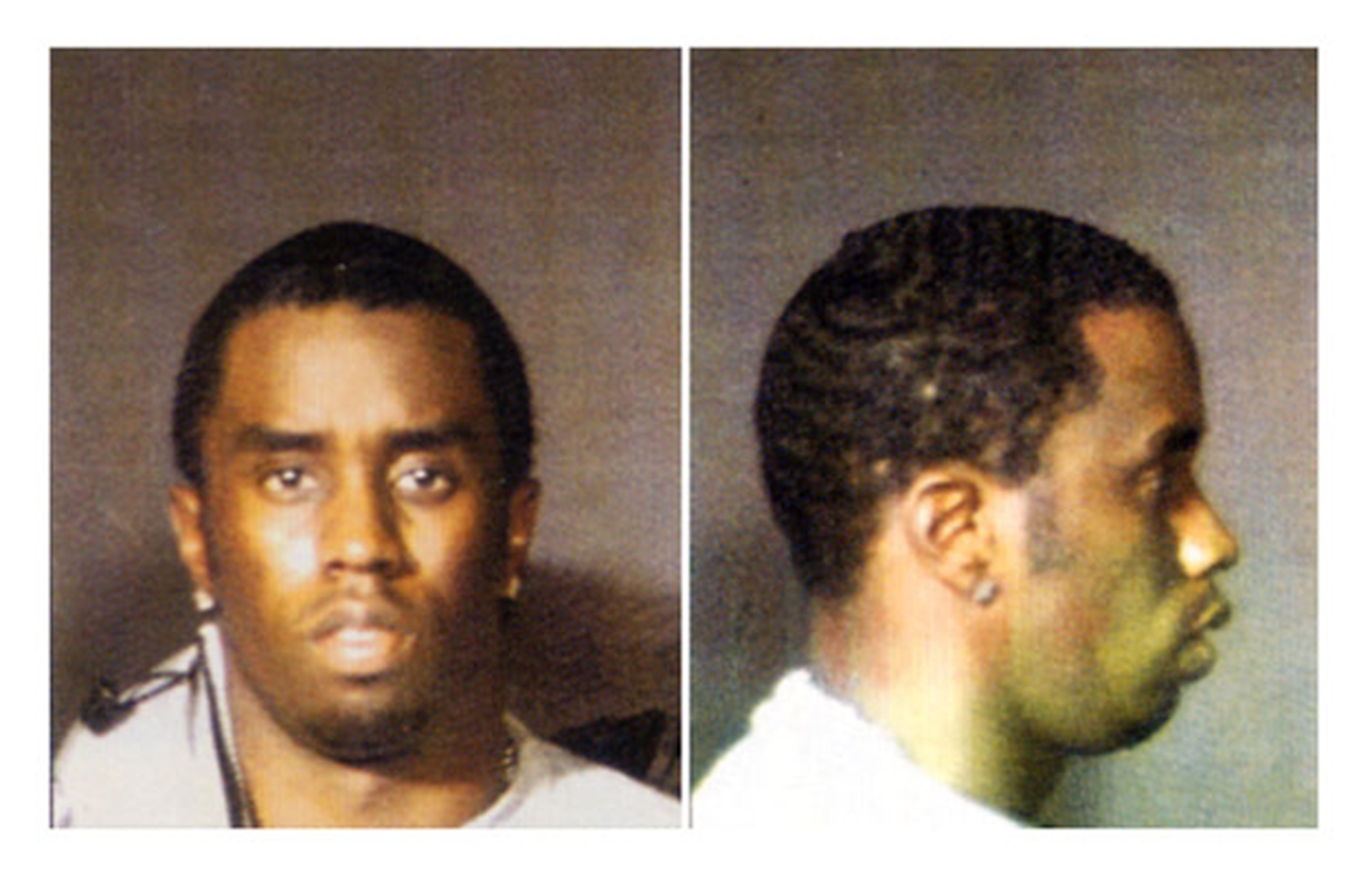 Two-part image showing Diddy's mugshot; front and side profile. He has short hair, earrings, and wears a light shirt