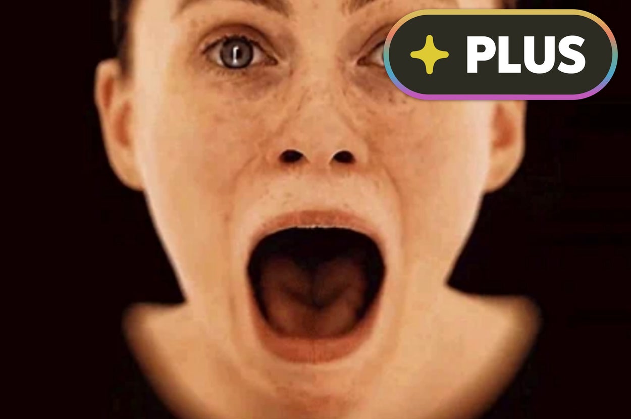 A person with an expression of fear or surprise, mouth wide open, eyes widened, set against a dark background