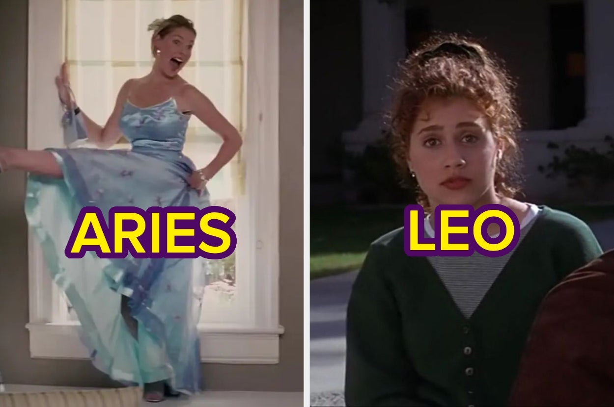 Split image: Left, woman in a one-shoulder dress, labeled "Aries." Right, woman with curly hair and sweater, labeled "Leo."