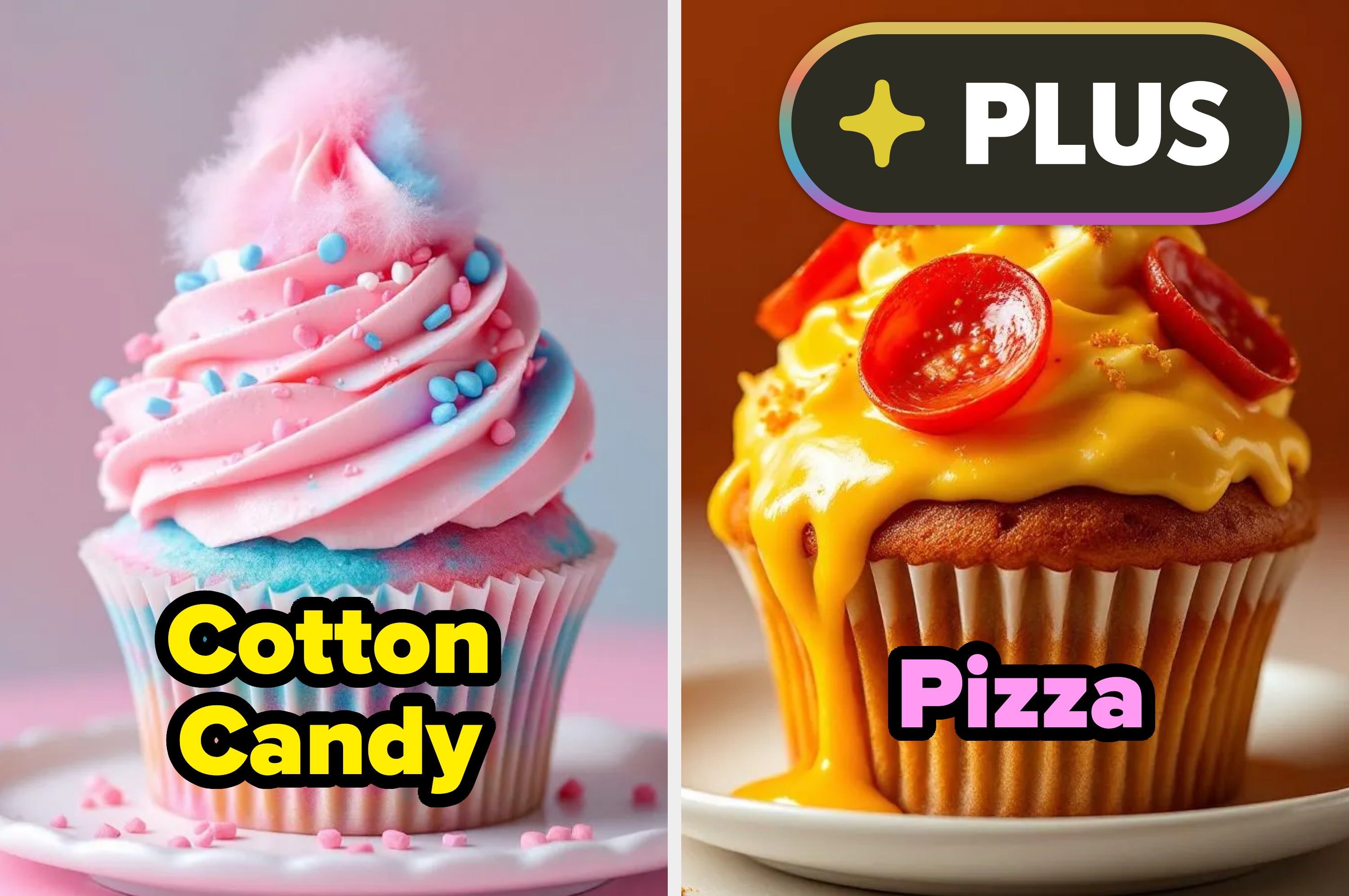 Cupcake on left topped with cotton candy and sprinkles; on right, a cupcake with cheese, pepperoni, and crumbs, labeled "Cotton Candy" and "Pizza."