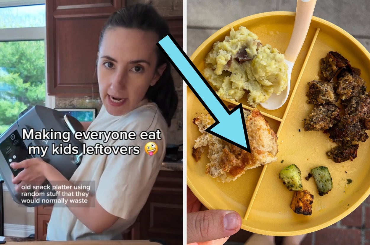 Person humorously showing a plate of kids' leftovers to create a new meal, encouraging food reuse