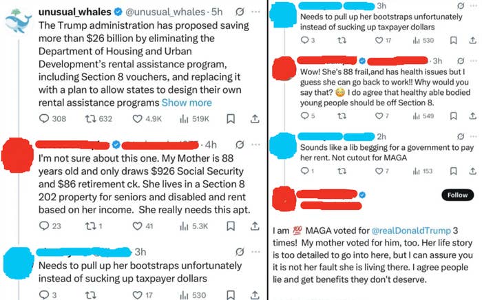 Screenshot of tweets discussing plans to cut certain assistance programs, highlighting the impact on seniors and individuals with disabilities