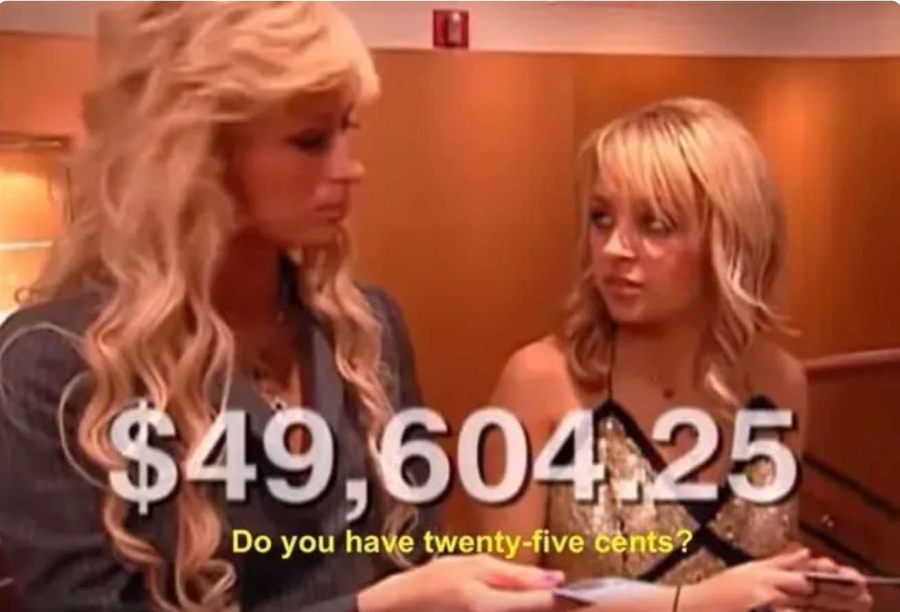 Two women are standing together as a large amount, $49,604.25, is displayed. One asks, &quot;Do you have twenty-five cents?&quot;