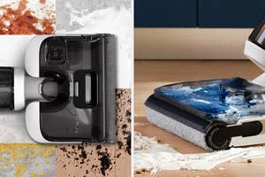 Wet-dry vacuum cleaner shown cleaning various spills on different surfaces, highlighting its versatility for home use