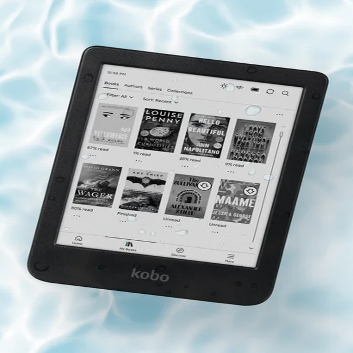 E-reader floating in water, displaying a selection of book covers on the screen