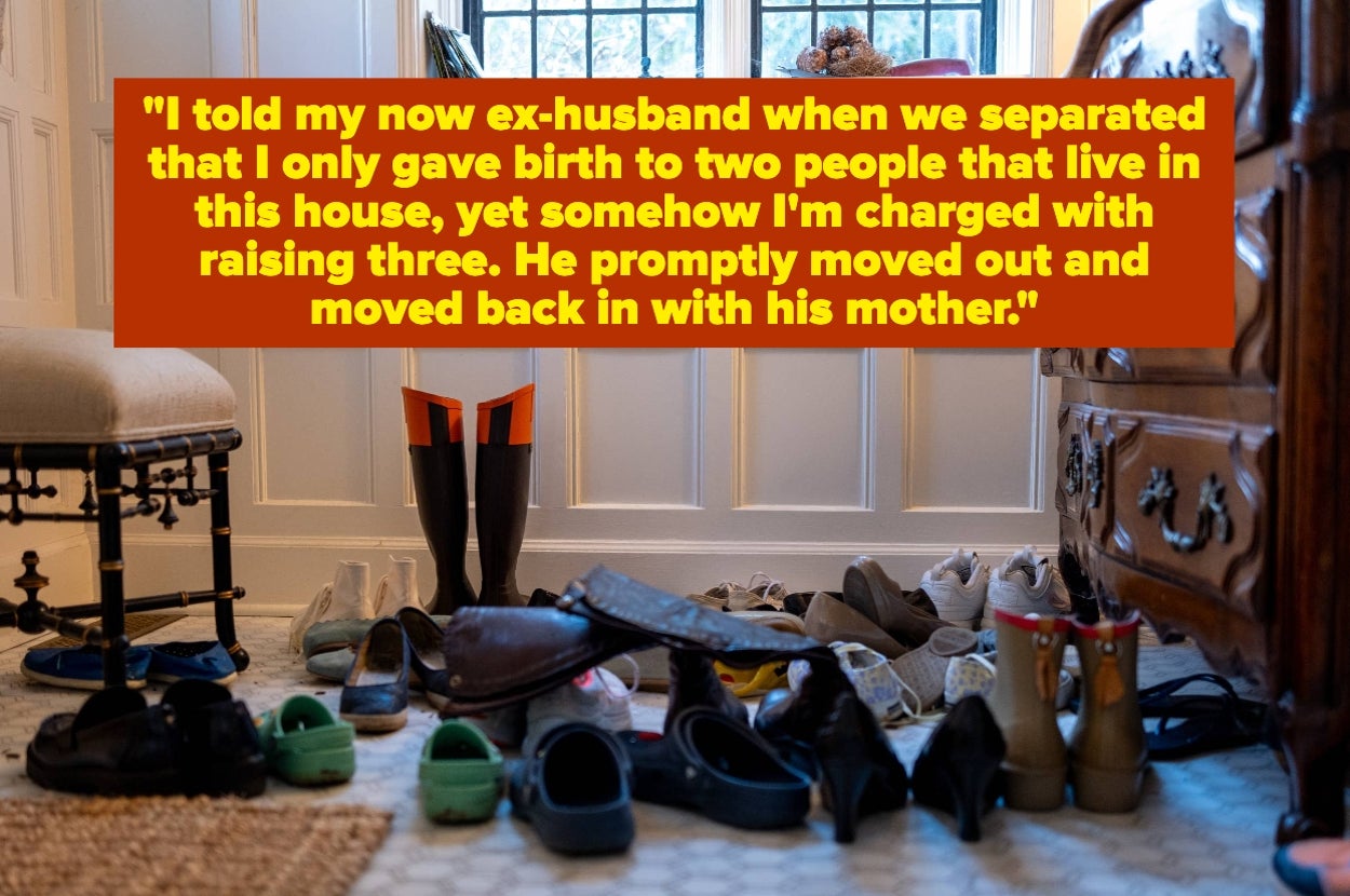 Text overlay on image of shoes scattered in hallway: "I told my ex-husband I birthed two kids here, but I'm raising three. He moved back with his mother."