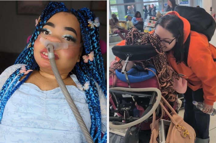 空港で車椅子の人に寄り添う眼鏡をかけた女性。助手のような優しさ。