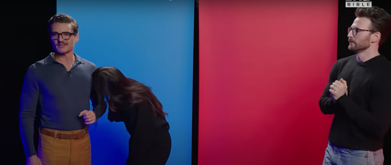 Two people stand in front of blue background, one leaning on the other's arm; a person stands alone in front of red background, looking surprised