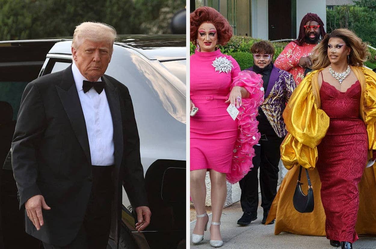 Man in formal tuxedo; theater balcony with two people standing, highlighted by a yellow circle